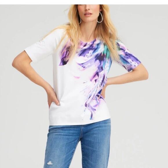 Chicos Cotton Stretch Abstract Knit Tee Size 4/ XXL Water Color Art Coastal - Picture 1 of 8